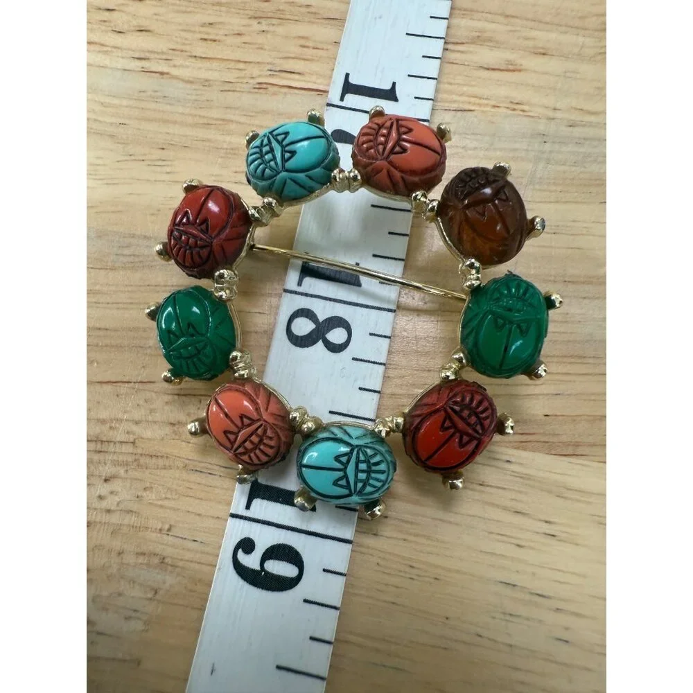 Vintage Gold-Tone Brooch With Multicolored Scarab Gemstones & Egyptian Revival - Picture 4 of 8